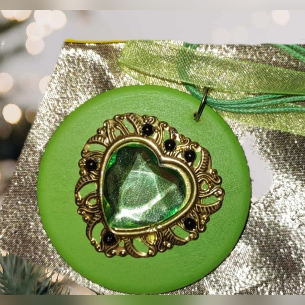Non-Metal Ideal for Allergies: Lime Green Wooden Pendant w/Crystal Heart